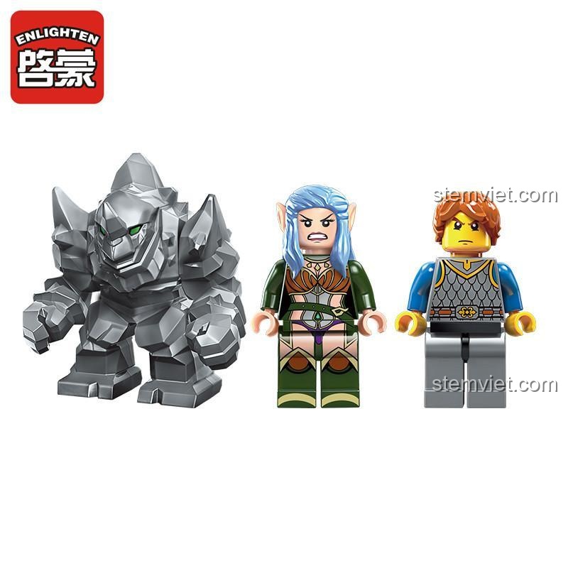 Đồ chơi mô hình 2303 Enlighten, cận cảnh Người Khổng Lồ Đá và hai minifigure Jana, Noel, chất lượng cao.