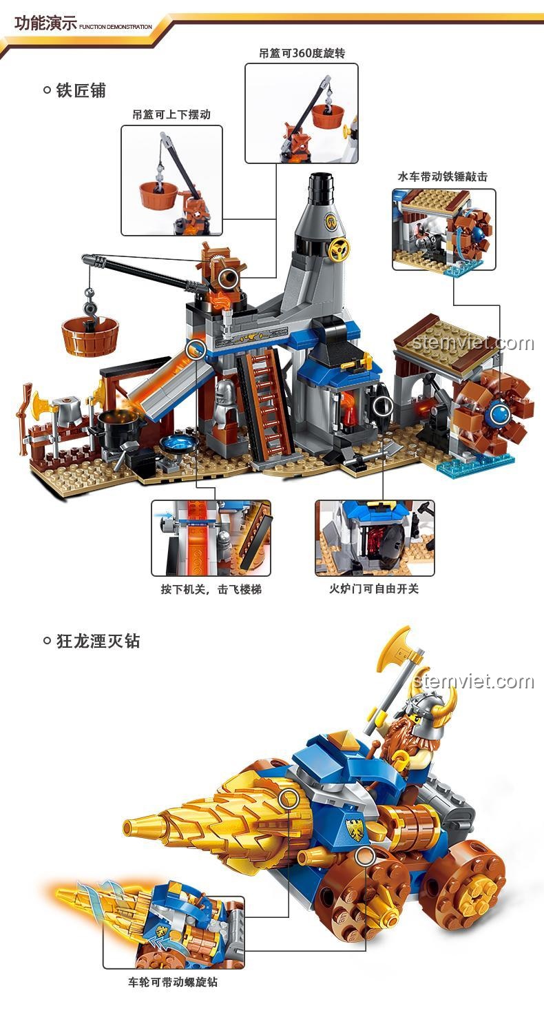 Tính năng cơ chế độc đáo của bộ đồ chơi xây dựng Xe khoan tấn công Enlighten 2314, lò rèn có giỏ treo, búa rèn, cửa lò, xe có mũi khoan xoay