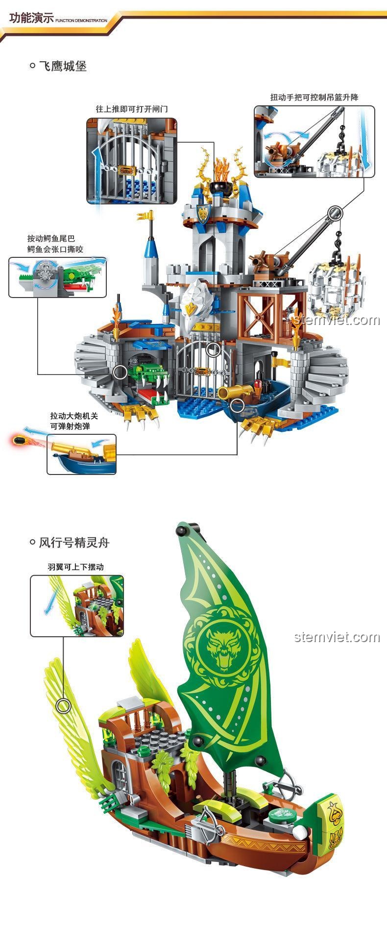 Tính năng cơ chế của lâu đài Enlighten 2315 Lâu đài Đại bàng Bạc, cổng mở, cần cẩu nâng hạ, pháo bắn đạn, đồ chơi mô hình tương tác cho bé trai.