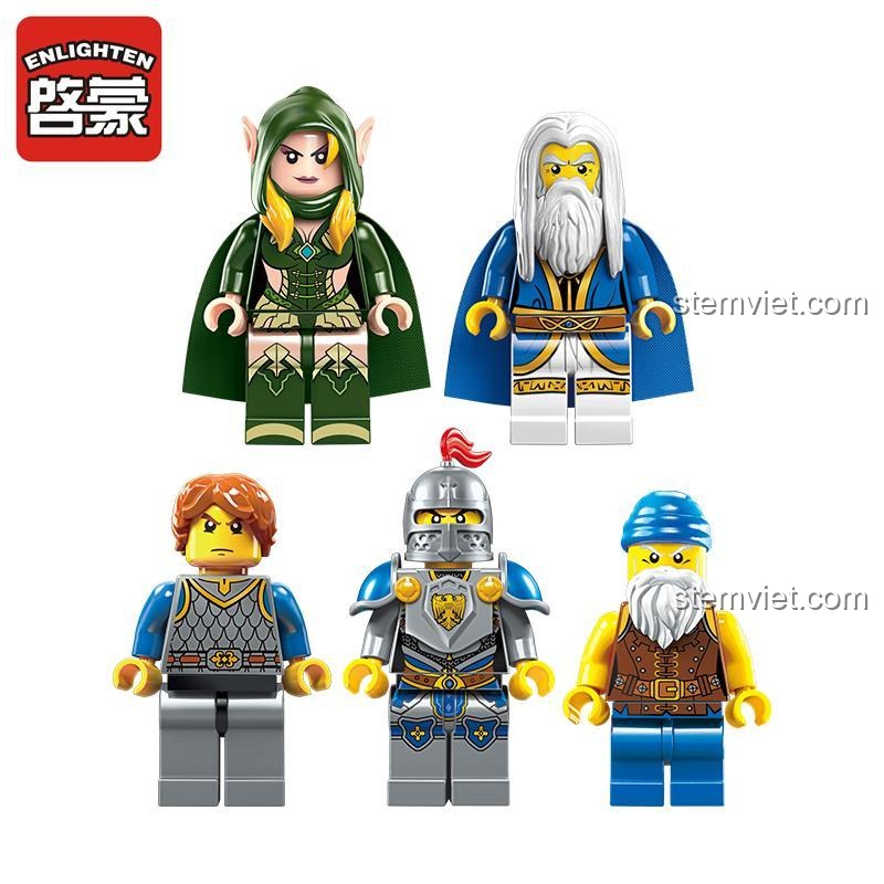 5 minifigures đa dạng trong bộ xếp hình Enlighten 2316, bao gồm hiệp sĩ, pháp sư, cung thủ, tăng cường trải nghiệm chơi cho bé trai.