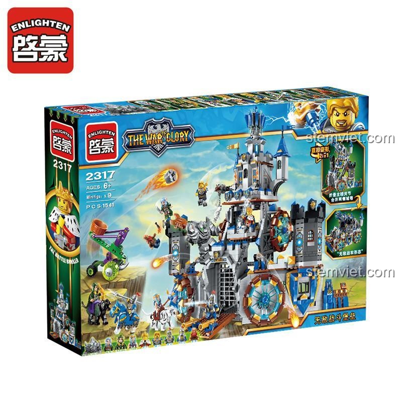Hộp sản phẩm bộ lắp ghép Căn Cứ Quân Sự Enlighten 2317, thể hiện rõ hình ảnh pháo đài và các nhân vật. Món quà giá tốt cho bé trai.