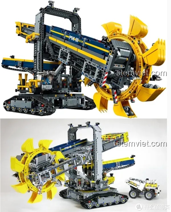 Cận cảnh chiếc xe khai thác khổng lồ với bánh răng lớn và cánh tay máy móc phức tạp.