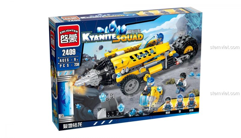 Hộp bộ lắp ghép Enlighten 2409 Xe Khai Thác Khoáng Sản, góc nghiêng, cho thấy thiết kế hộp bắt mắt với xe khoan và các tinh thể năng lượng, đồ chơi lắp ráp chất lượng cao cho bé trai.