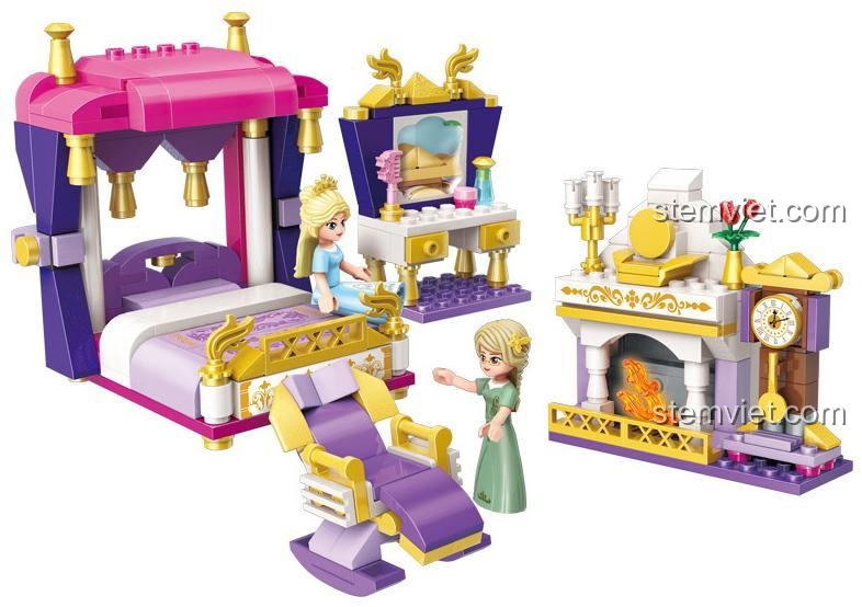 Mô hình Phòng ngủ công chúa Leah Enlighten 2601 với giường công chúa, bàn trang điểm và lò sưởi, chi tiết đẹp mắt, kích thích sáng tạo cho bé gái