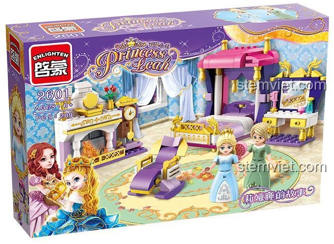 Hộp sản phẩm bộ xếp hình Phòng ngủ công chúa Leah Enlighten 2601, hình ảnh công chúa Leah và quản gia, món quà đáng tiền cho bé gái