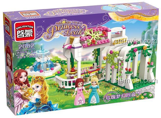 Hộp sản phẩm bộ lắp ghép Enlighten 2602 Lâu đài Công chúa Leah, thể hiện thiết kế lãng mạn và 261 mảnh ghép chất lượng cao.