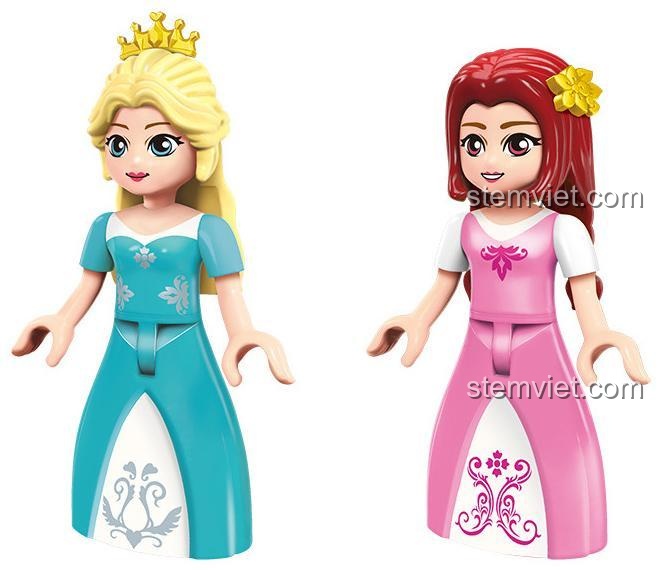 Hai minifigures công chúa Leah và Lina xinh đẹp từ bộ đồ chơi mô hình Enlighten 2602, với trang phục lộng lẫy, kích thích trí tưởng tượng.