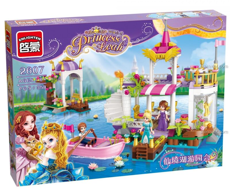 Hộp đồ chơi lắp ráp Công chúa Leah Enlighten 2607 với hình ảnh lâu đài công chúa và thuyền hồng, món quà giá tốt cho bé gái yêu cổ tích.