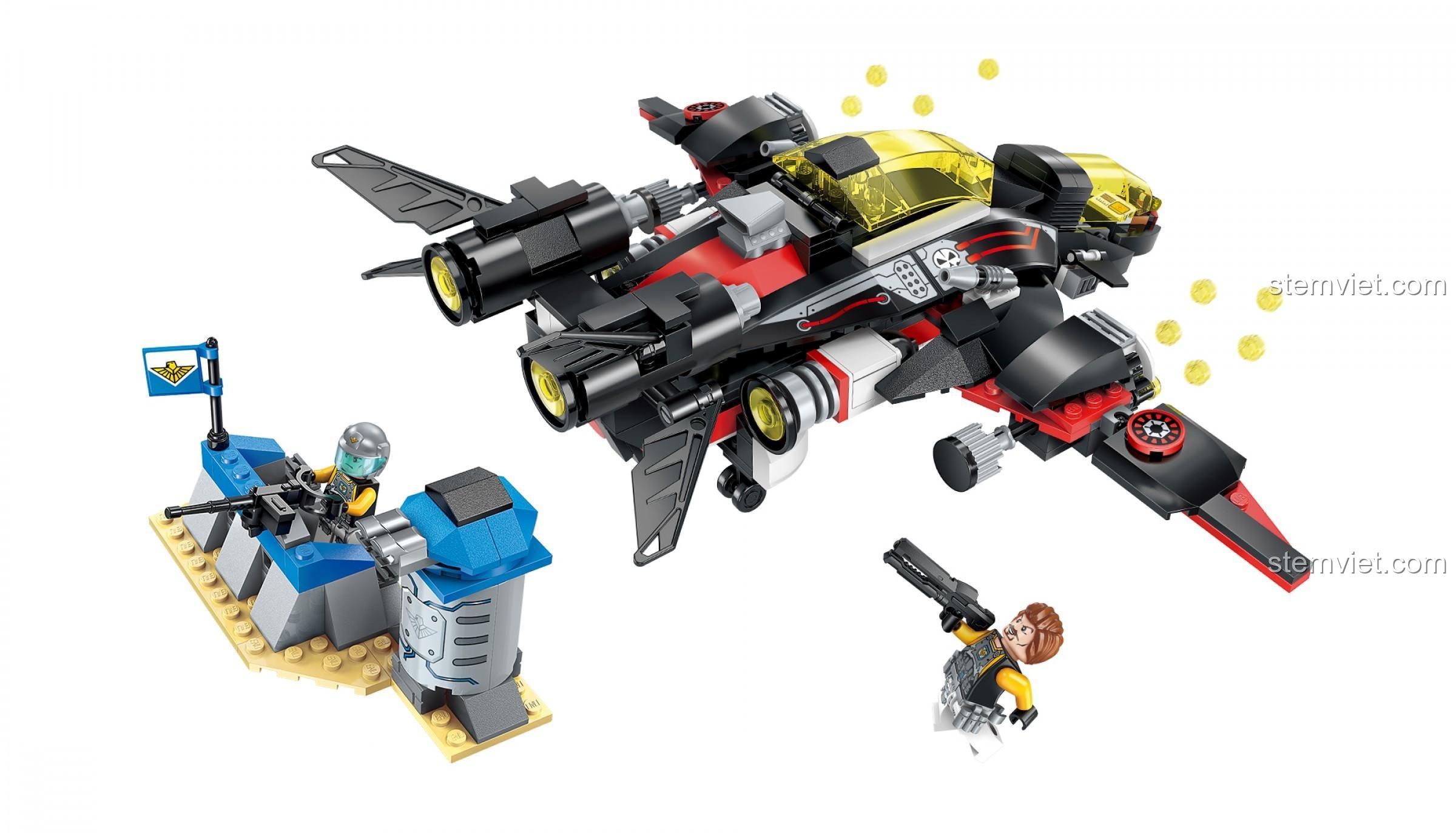 Hộp bộ lắp ghép Enlighten 2716 Máy Bay Ném Bom Tia Chớp Đen, hiển thị 381 mảnh ghép và 4 minifigure. Đồ chơi mô hình cho bé trai 6 tuổi.