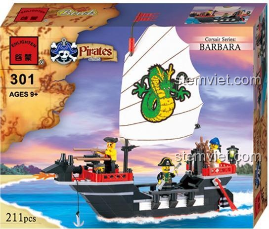 Hộp sản phẩm bộ đồ chơi Tàu Hải Tặc Barbara Enlighten 301, hiển thị số mảnh 211 và độ tuổi 9+.