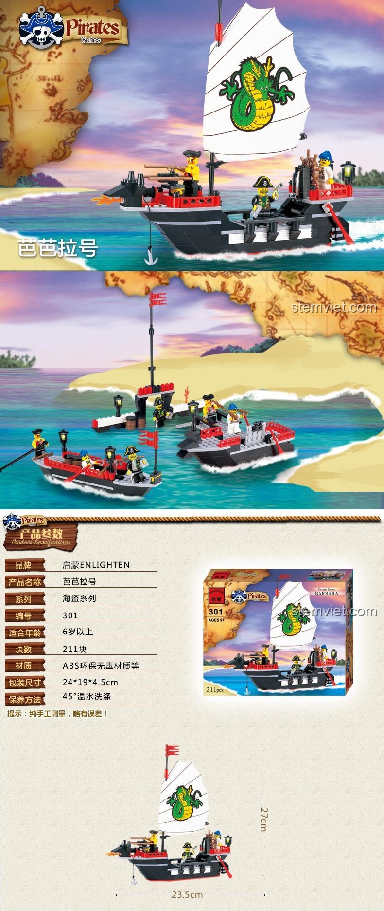 Thông số chi tiết của đồ chơi lắp ráp Enlighten 301 Tàu Hải Tặc Barbara, bao gồm kích thước mô hình và hộp, chất liệu ABS.