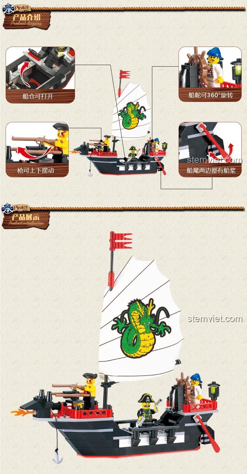 Các tính năng nổi bật của đồ chơi mô hình Tàu Hải Tặc Barbara Enlighten 301: bánh lái xoay, thân tàu mở, pháo điều chỉnh.