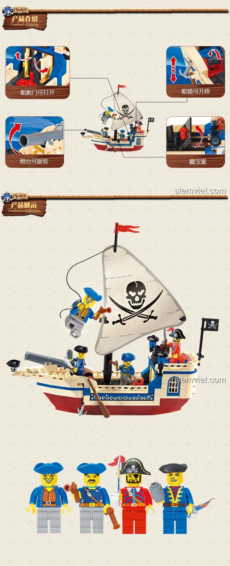 Chi tiết Tàu Hải Tặc Minh Châu Enlighten 304, đồ chơi lắp ghép Thuyền Cướp Biển với kích thước mô hình 22x25.5cm, phù hợp bé trai 6 tuổi.