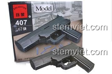 Hộp đồ chơi lắp ráp Súng Đồ Chơi Enlighten 407, hiển thị mô hình súng và đạn, phù hợp bé trai 9 tuổi, giá tiết kiệm.