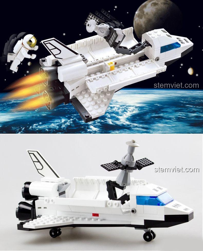 Hình ảnh cận cảnh mô hình lắp ghép 509 Tàu con thoi Discovery, cho thấy chi tiết khoang chứa và vệ tinh bên trong. Đồ chơi sáng tạo cho con trai.