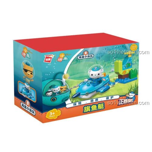 Hộp bộ lắp ghép Enlighten 5213 Tàu ngầm cá buồm Octonauts, hiển thị độ tuổi 3+ và các tính năng khám phá, cứu hộ, bảo vệ.