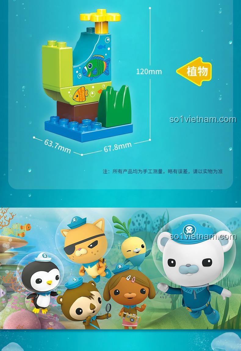 Kích thước chi tiết của mô hình thực vật và cá trong bộ đồ chơi Enlighten 5213 Tàu ngầm Octonauts, phù hợp bé 3 tuổi.