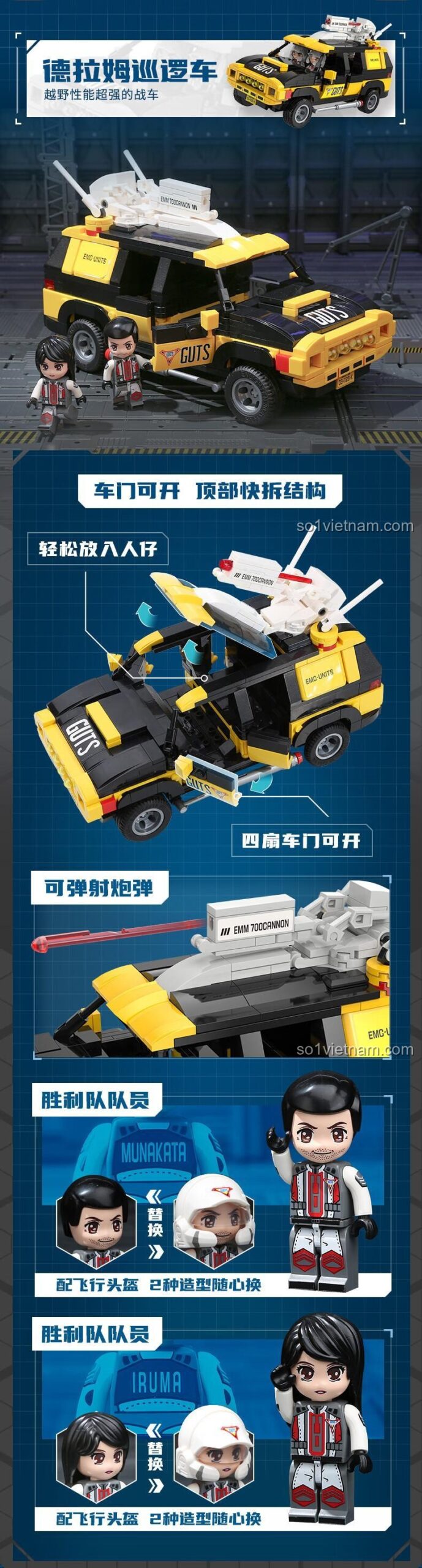 Mô hình lắp ráp Enlighten 75039 Delam Patrol Car với các tính năng cửa mở, mái tháo rời và pháo bắn đạn, tăng cường trải nghiệm chơi hành động cho bé trai.