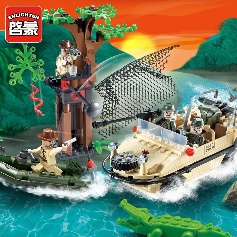 Bộ lắp ghép xe lội nước quân sự ENLIGHTEN 813, xe lội nước, thuyền, lính, cây, lưới bắt cá, cá sấu, đồ chơi lắp ghép quân sự cho bé trai 6 tuổi