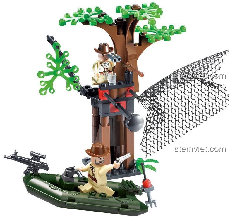 Cảnh chiến đấu với bộ lắp ghép xe lội nước quân sự ENLIGHTEN 813, có xe lội nước, thuyền, lính, cây, lưới bắt cá, cá sấu, đồ chơi lắp ghép quân sự cho bé trai 6 tuổi