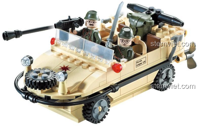 Chi tiết xe lội nước quân sự ENLIGHTEN 813, có súng, ghế ngồi, bánh xe, cánh quạt, đồ chơi lắp ghép quân sự cho bé trai 6 tuổi