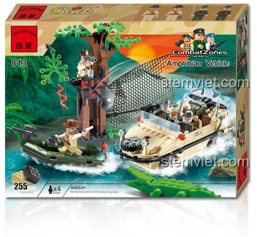 Hộp bộ lắp ghép xe lội nước quân sự ENLIGHTEN 813, có hình ảnh sản phẩm, các minifigure, xe lội nước, thuyền, cây, lưới bắt cá, cá sấu, đồ chơi lắp ghép quân sự cho bé trai 6 tuổi