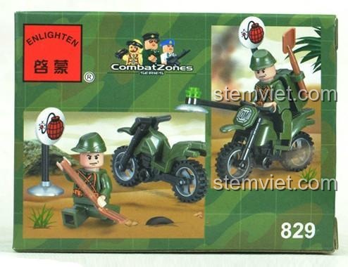 Mặt sau hộp sản phẩm bộ đồ chơi quân sự 829 xe máy với hình ảnh minh họa các chi tiết