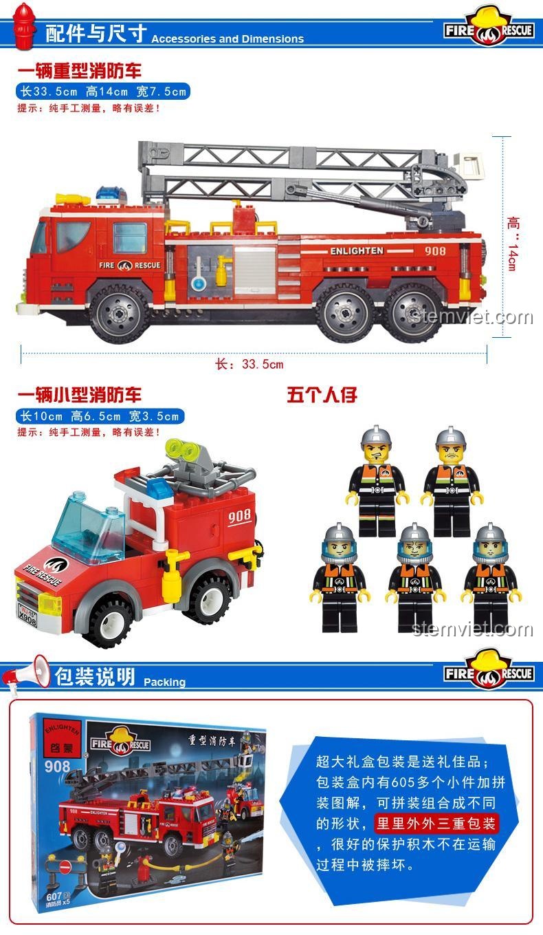 Chi tiết xe cứu hỏa chữa cháy thang nâng hạng nặng ENLIGHTEN 908
