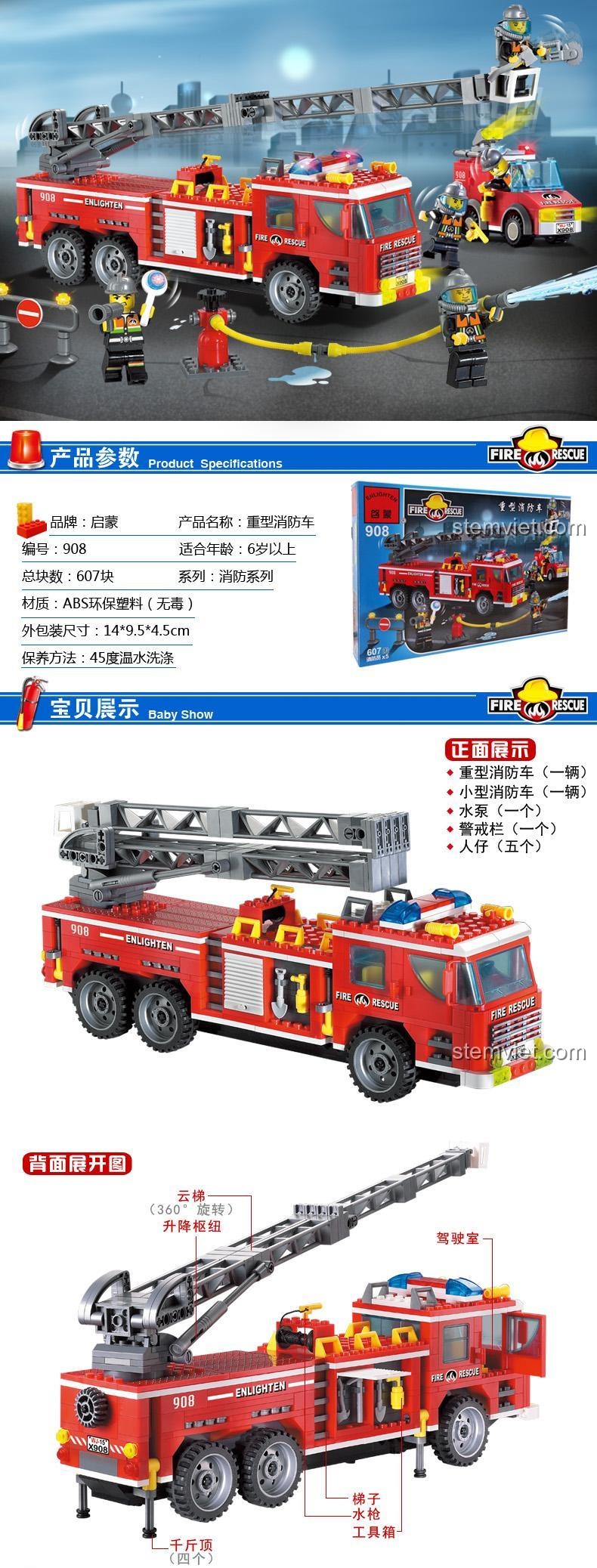 Toàn cảnh bộ đồ chơi xe cứu hỏa chữa cháy thang nâng hạng nặng ENLIGHTEN 908