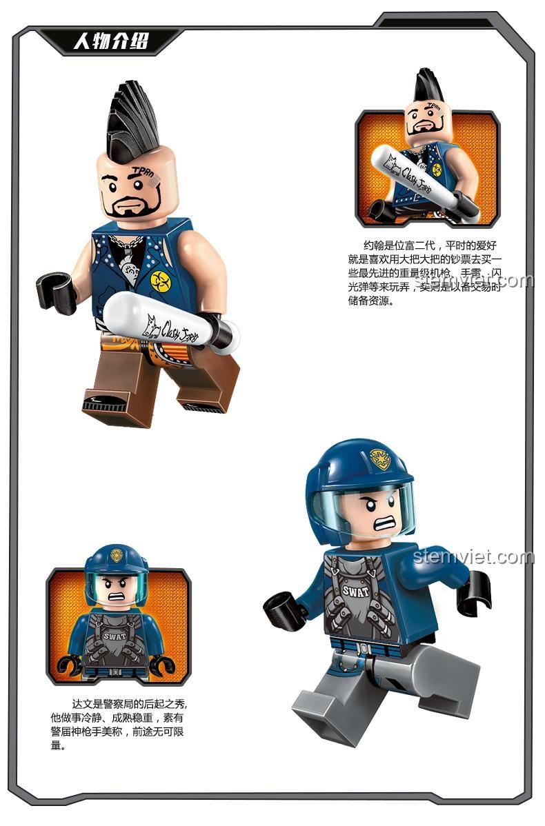 Giới thiệu chi tiết hai minifigure cảnh sát và tên cướp trong bộ đồ chơi mô hình Enlighten Qman 1908, với trang phục và phụ kiện độc đáo.