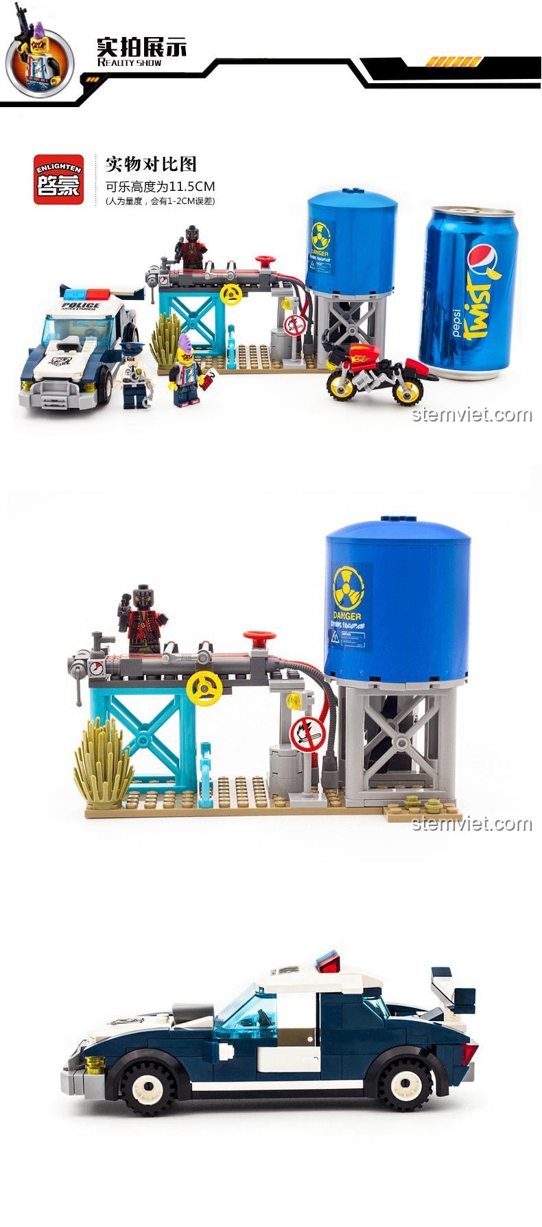 Ảnh thực tế so sánh kích thước bộ lắp ghép cảnh sát Enlighten 1913 với lon nước ngọt