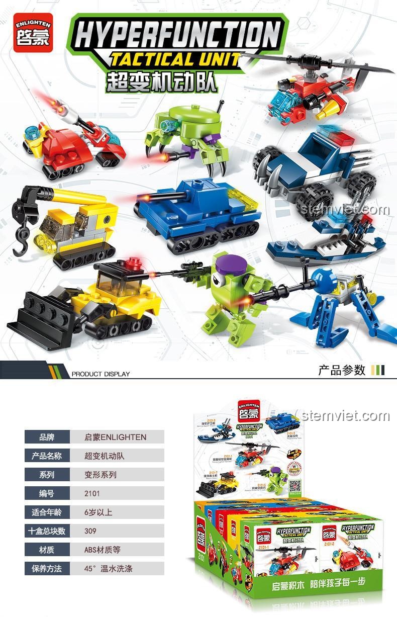 Hộp bộ lắp ghép Enlighten QMAN 2101 Đội Tác Chiến Biến Hình, đồ chơi lắp ráp quân sự chất lượng cao cho bé trai 6 tuổi.