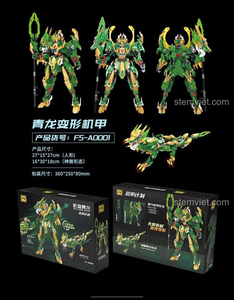 Poster quảng cáo chi tiết tính năng của bộ đồ chơi mô hình Robot Mecha Thanh Long F5-A0001.
