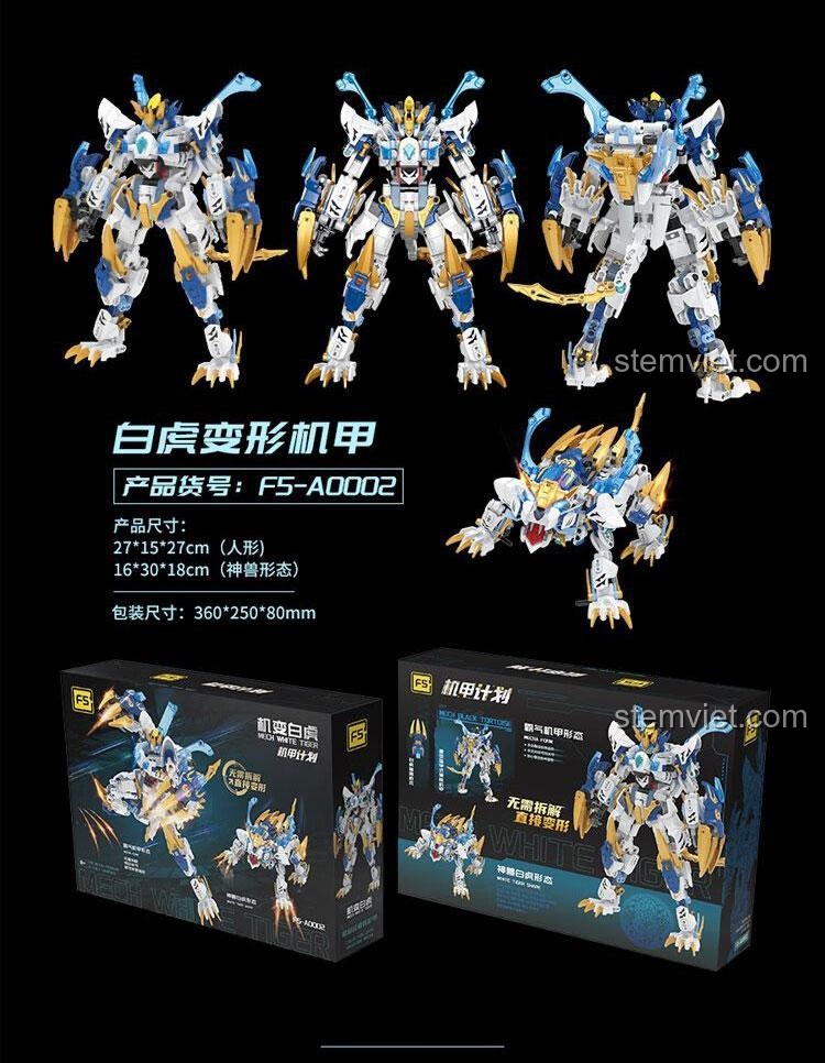 Ảnh thể hiện kích thước của Bạch Hổ Chiến Thần F5-A0002 ở cả hai dạng robot và thần thú.