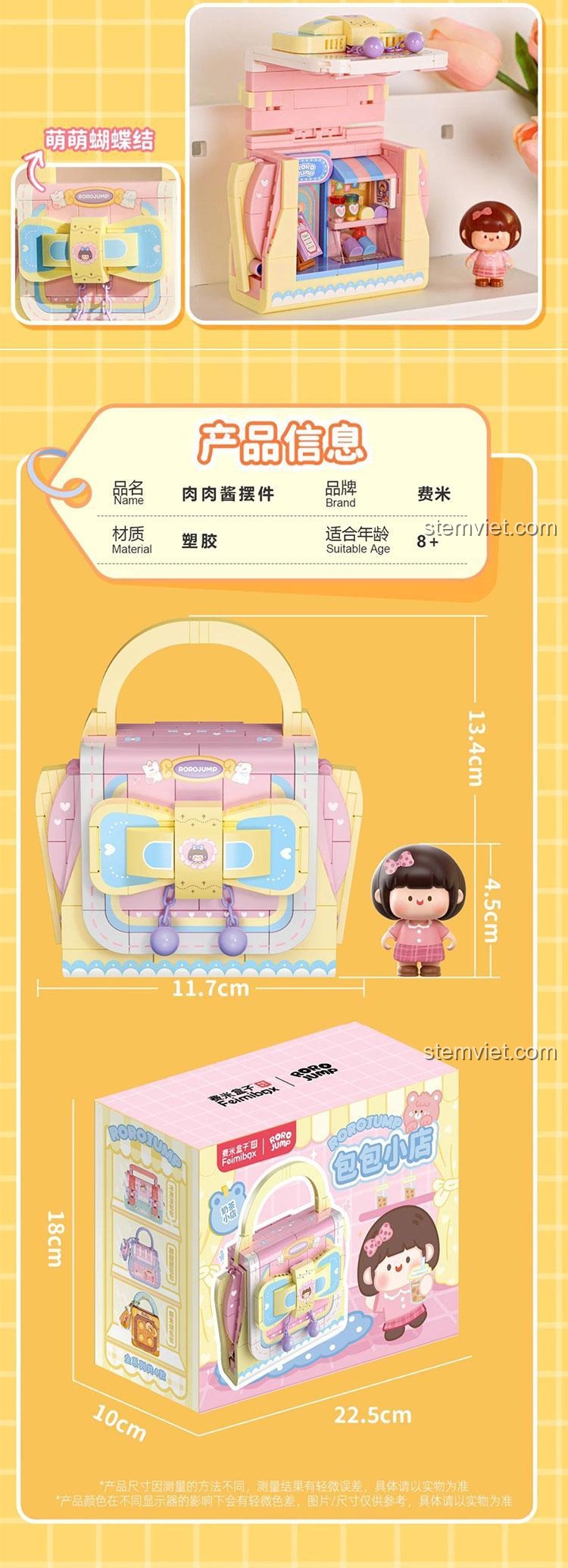 Thông tin sản phẩm Femibox S2298 Tiệm Trà Sữa Túi Xách RoroJump, kích thước và chất liệu nhựa an toàn.
