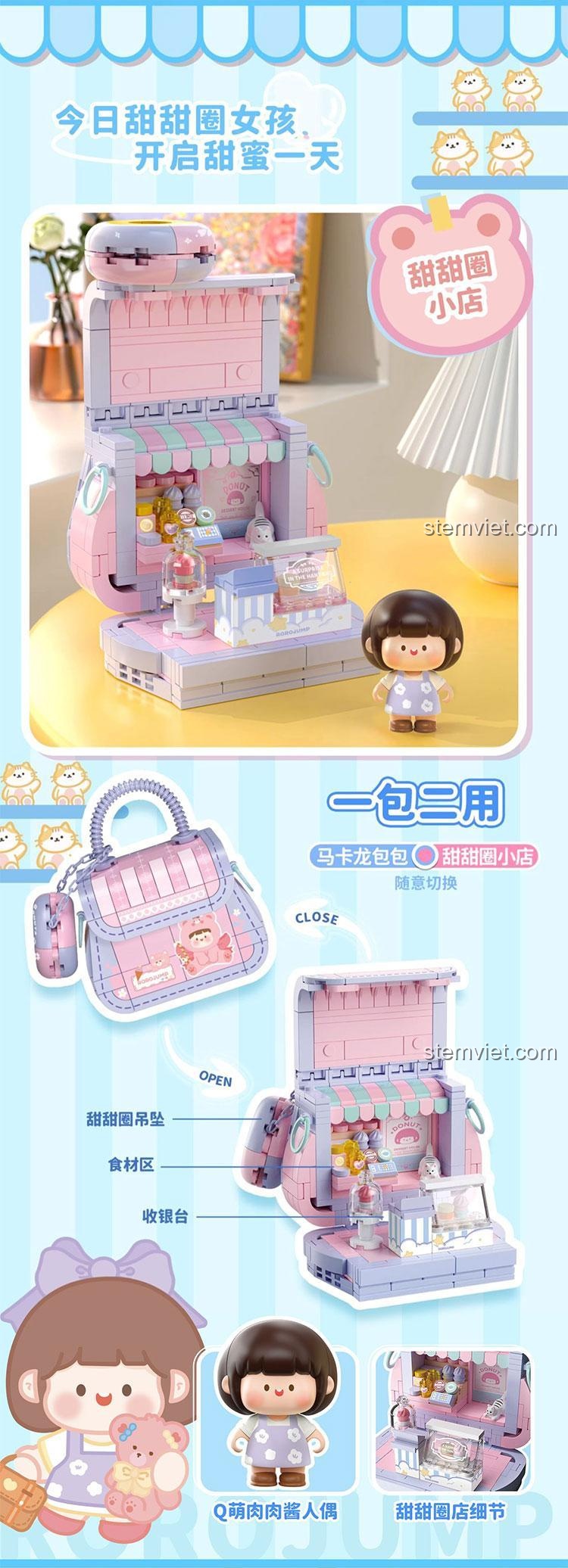 Bộ đồ chơi Tiệm Bánh Donut biến hình túi xách, RoroJump S2298, đồ chơi mô hình cho bé gái 8 tuổi.