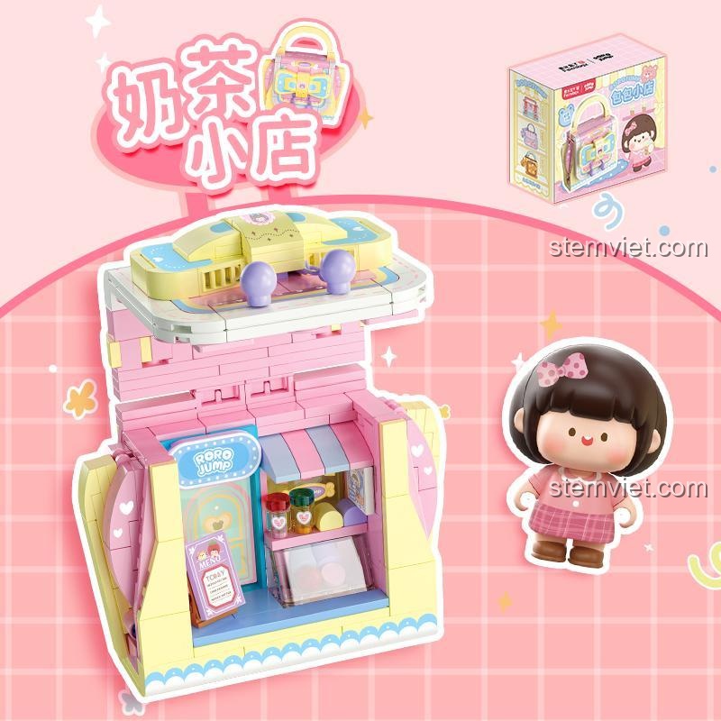 Đồ chơi lắp ghép Femibox S2298 Tiệm Trà Sữa Túi Xách RoroJump, bộ xếp hình cho bé gái 8 tuổi, chất lượng cao.