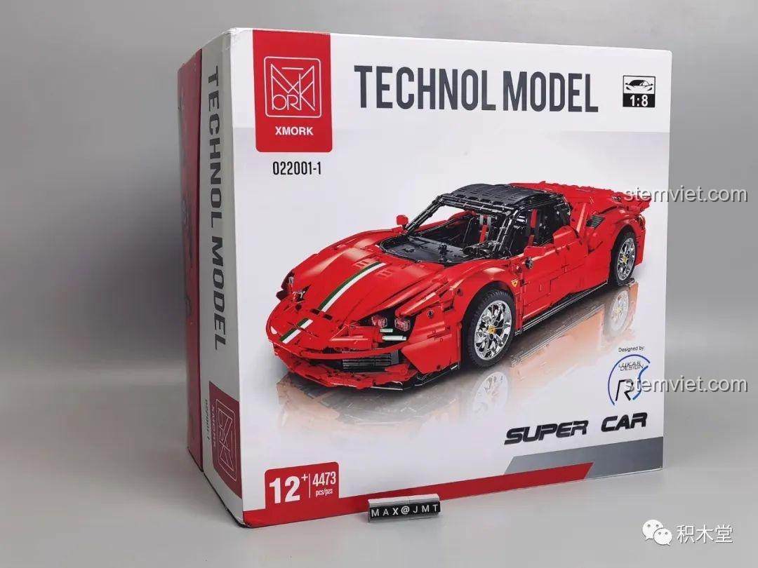Mặt trước hộp bộ lắp ráp MORKMODEL Ferrari SF90 Stradale, hiển thị thông tin sản phẩm.