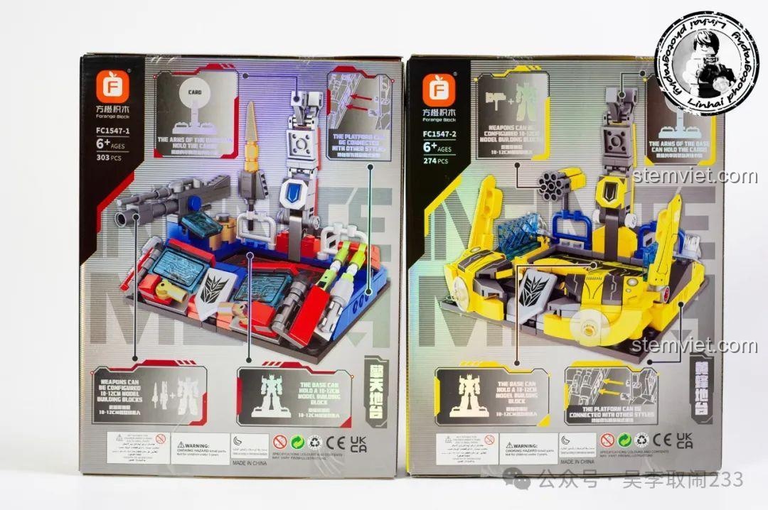 Mặt sau của 2 hộp đồ chơi lắp ghép Robot Optimus Prime và Robot Bumblebee, mô tả các tính năng.