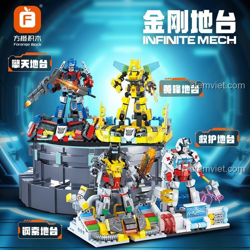 Bộ xếp hình Robot Grimlock và các robot khác trong bộ FC1547, bao gồm Optimus Prime, Bumblebee, và Ratchet, mỗi robot có một bệ trưng bày riêng.