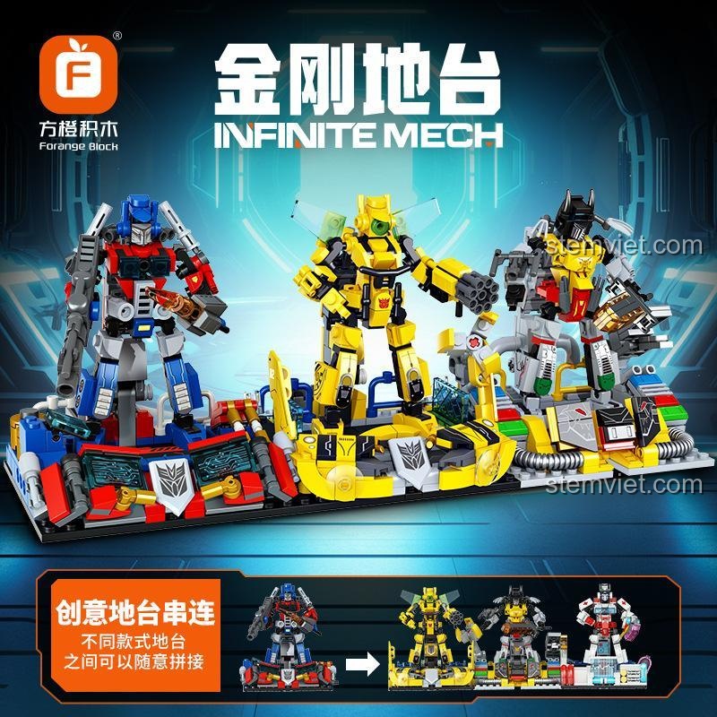 Hình ảnh 4 mô hình robot Transformers sau khi lắp ráp, đứng trên các bệ trưng bày có thể kết nối với nhau. Một món đồ chơi mô hình Trạm chỉ huy Autobot sáng tạo.