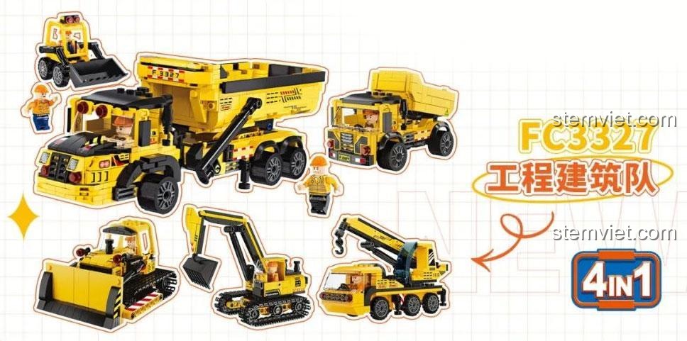 Đồ chơi mô hình Forange Block FC3327 lắp được 4 kiểu xe công trình: xe tải, xe xúc, xe cẩu, xe ủi.