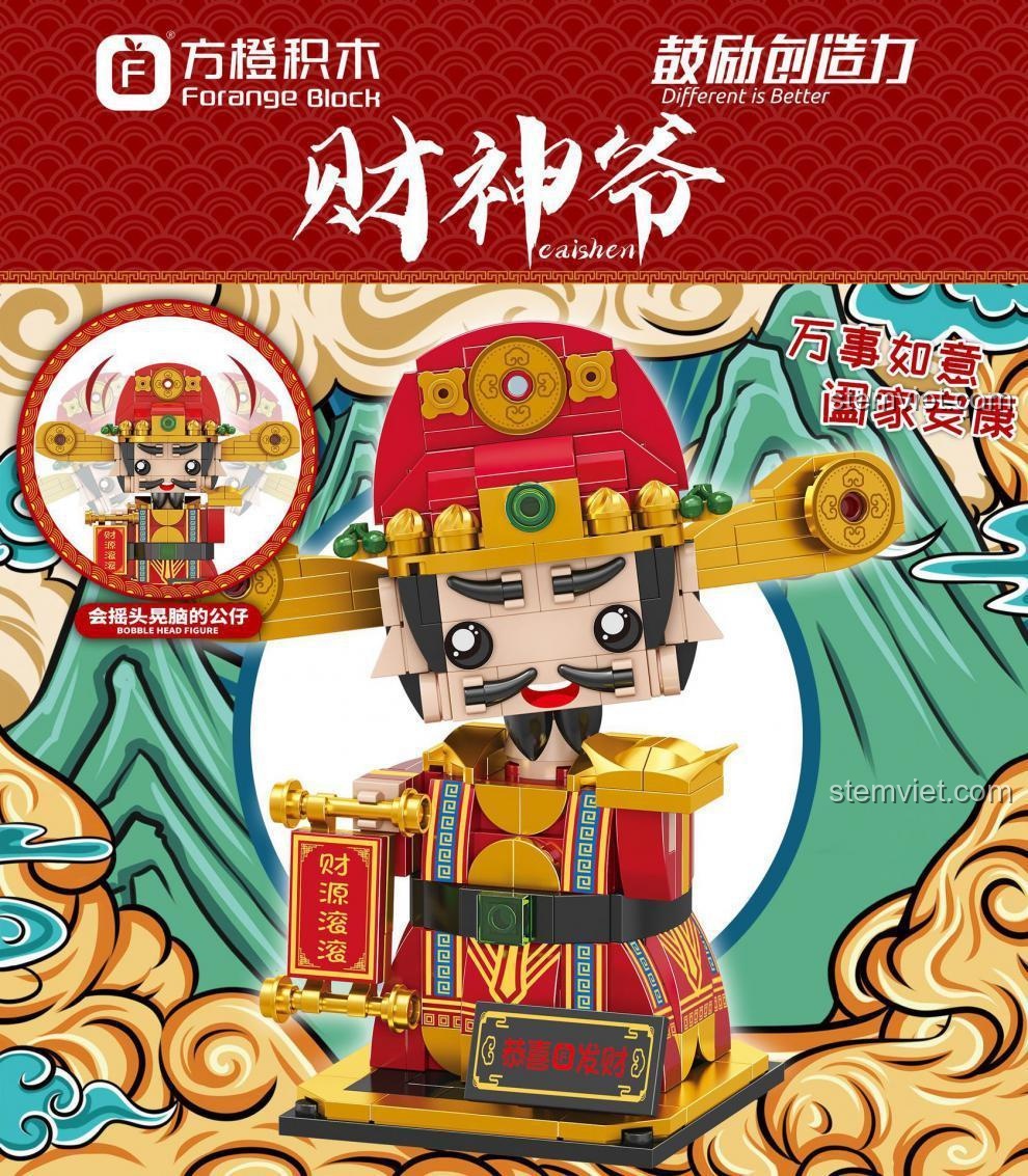 Mô hình Thần Tài Forange Block FC8101 đầu lắc lư, đồ chơi lắp ghép mang lại phú quý an khang cho bé trai 6 tuổi