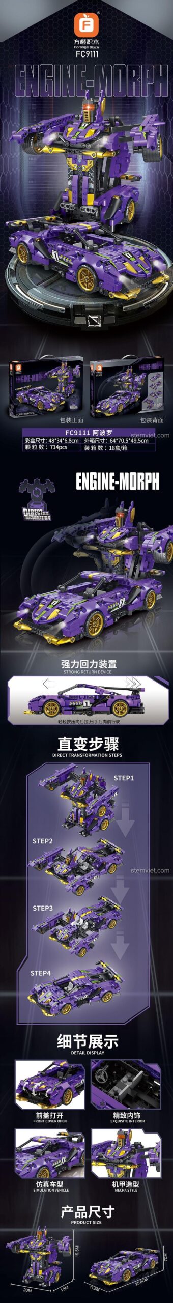 Chi tiết tinh xảo của đồ chơi xây dựng Forange Block 9111, từ dạng siêu xe đến robot chiến đấu, có động cơ kéo lùi mạnh mẽ.