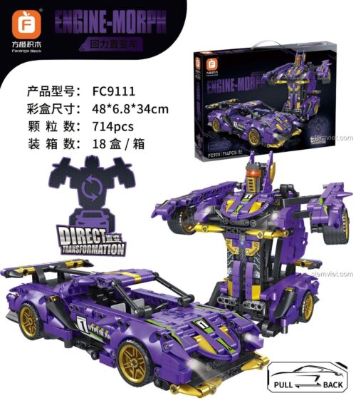 Tổng quan đồ chơi mô hình Forange Block FC9111 Robot Engine Morph biến hình từ siêu xe, 714 mảnh, có động cơ kéo lùi.