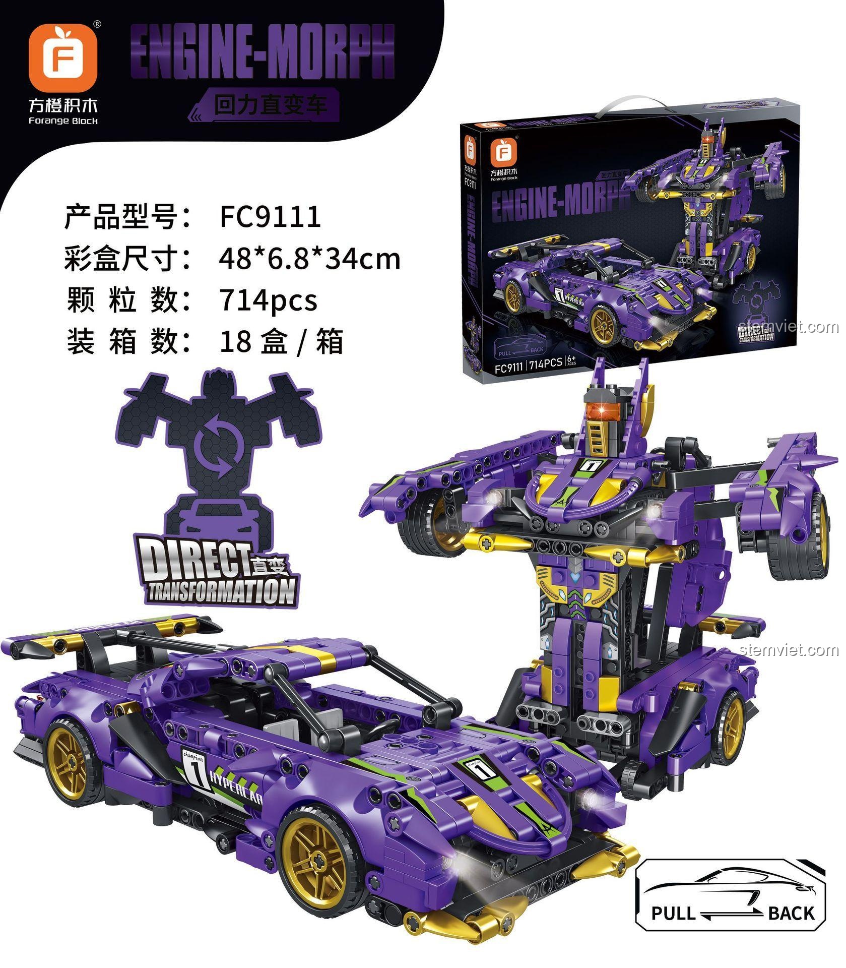 Tổng quan đồ chơi mô hình Forange Block FC9111 Robot Engine Morph biến hình từ siêu xe, 714 mảnh, có động cơ kéo lùi.