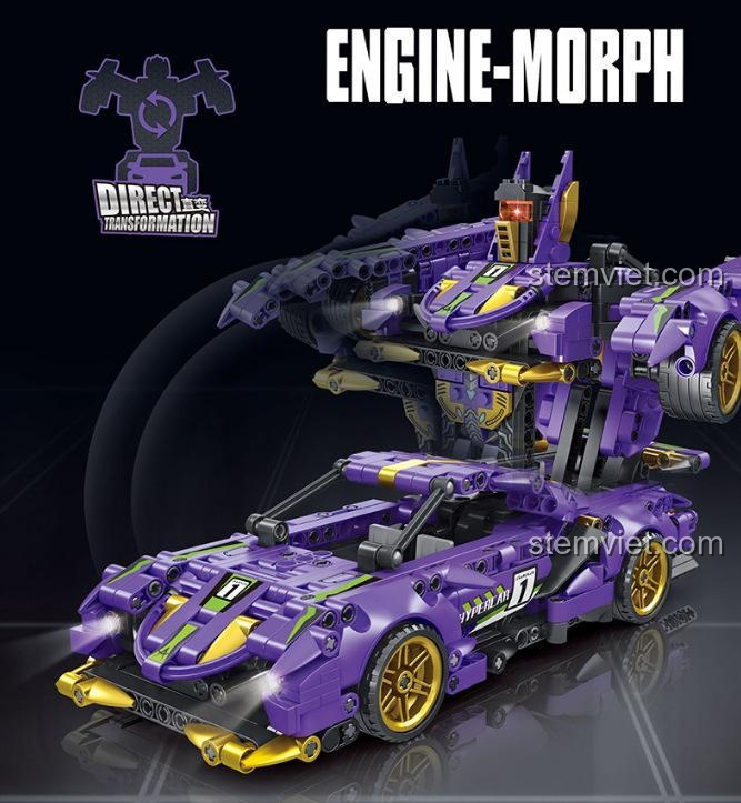 Quá trình biến hình thần tốc của bộ xếp hình Robot Engine Morph FC9111 từ siêu xe thành robot chiến đấu.