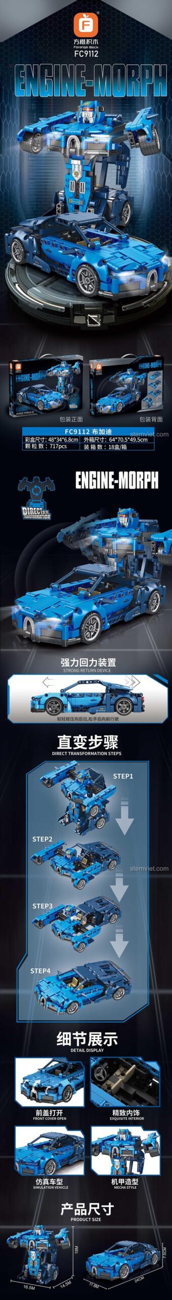 Thông tin chi tiết đồ chơi xếp hình FC9112 Robot Engine Morph, có động cơ kéo lùi mạnh mẽ.