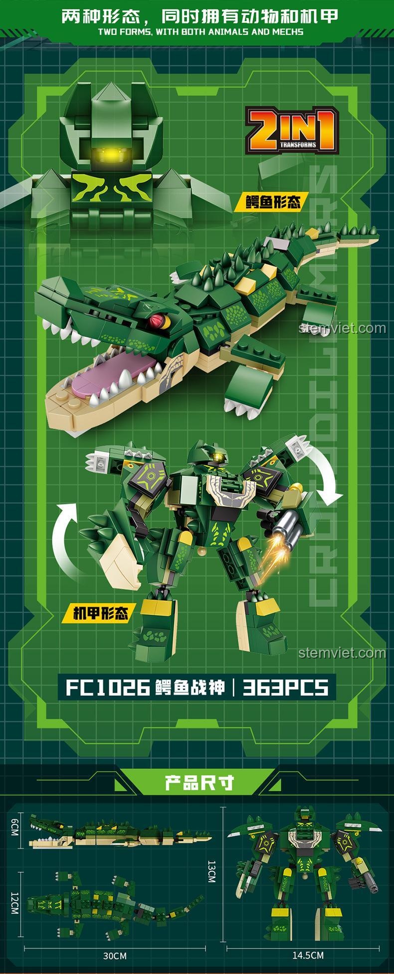 Mô tả chi tiết khả năng biến hình 2 trong 1 của Forange FC1026, từ cá sấu thành robot chiến đấu, thể hiện kích thước mô hình, đồ chơi lắp ráp sáng tạo cho bé trai.