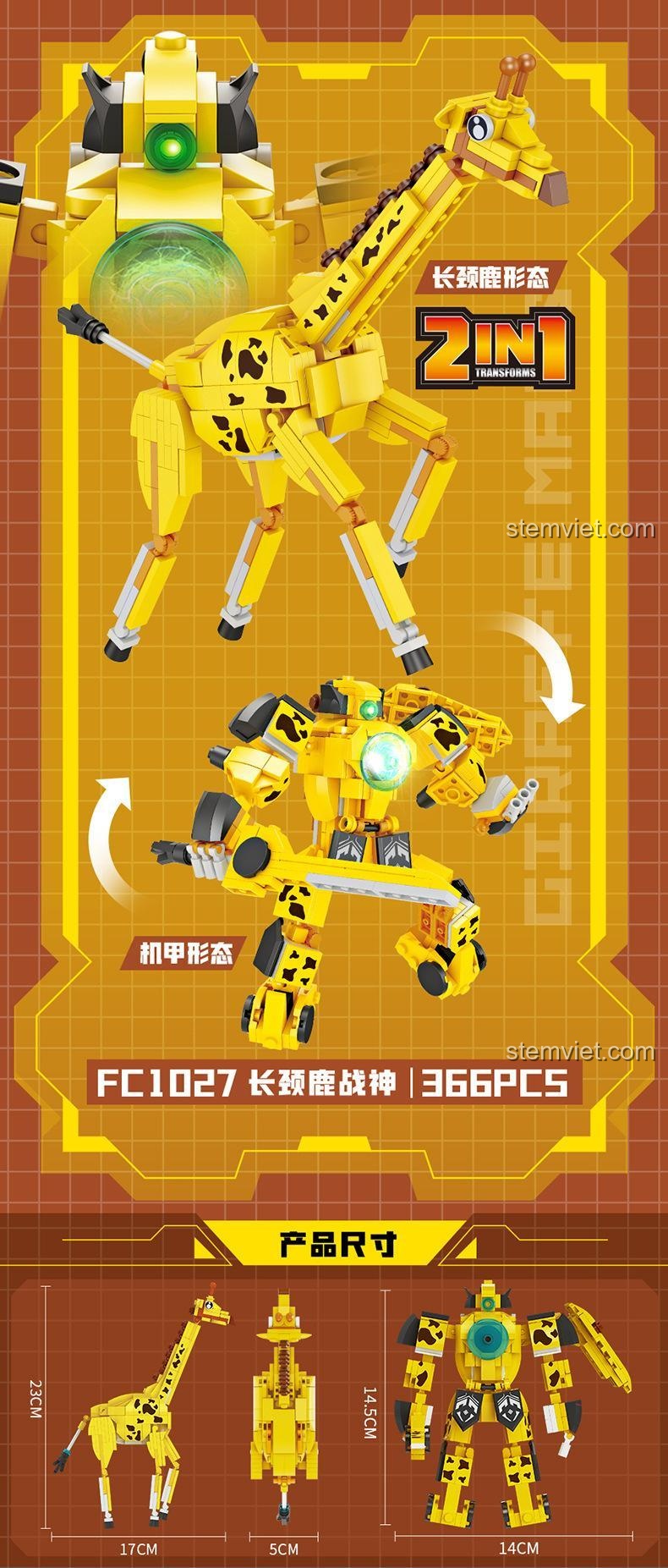 Đồ chơi xây dựng Forange FC1027 Robot Biến Hình Hươu Cao Cổ, thể hiện kích thước mô hình Hươu Cao Cổ và Robot, phù hợp bé trai 6 tuổi, giá tiết kiệm.